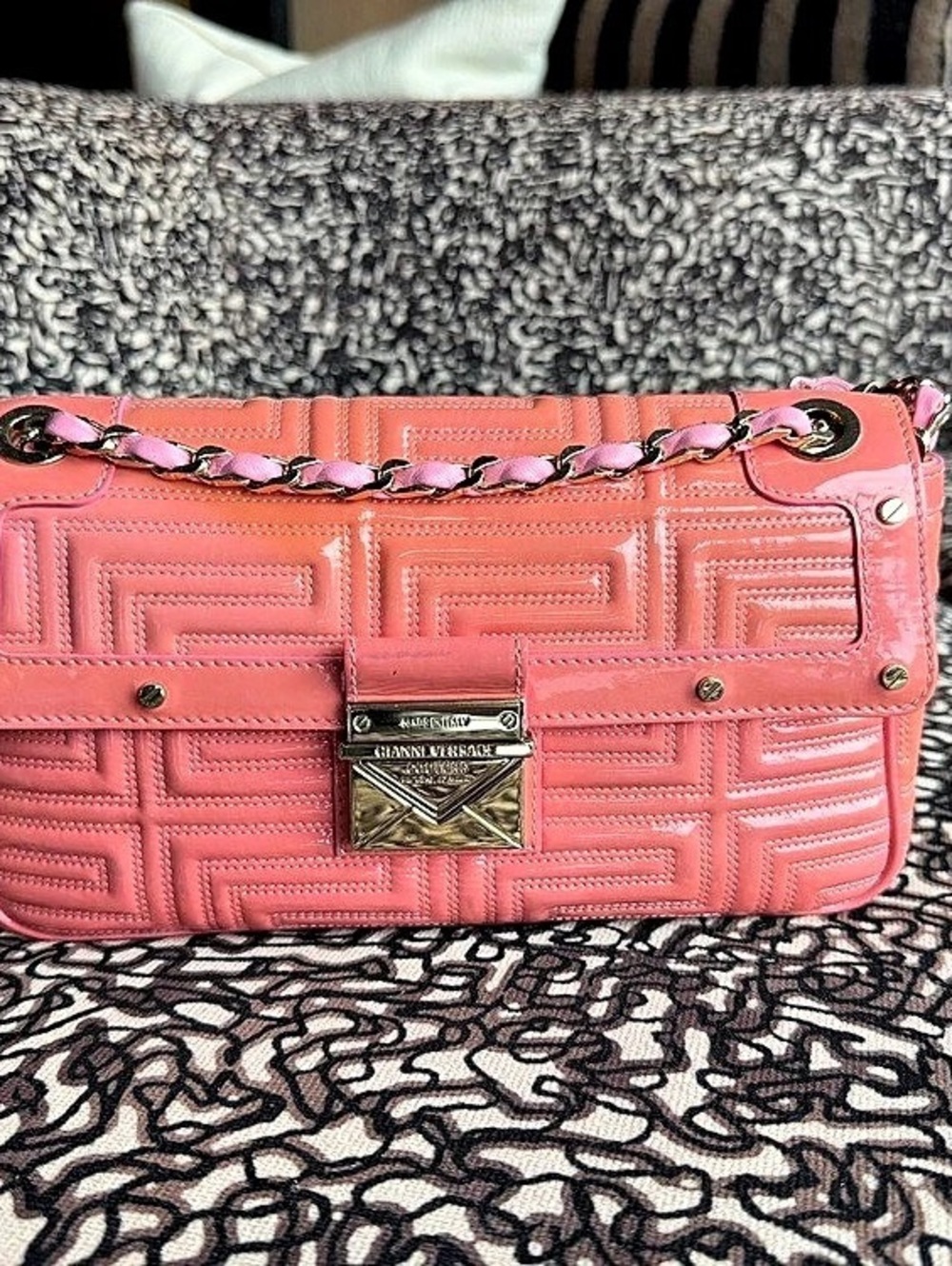 Vintage Gianni Versace Couture Pink Patent Greca Quilted Shoulder Bag